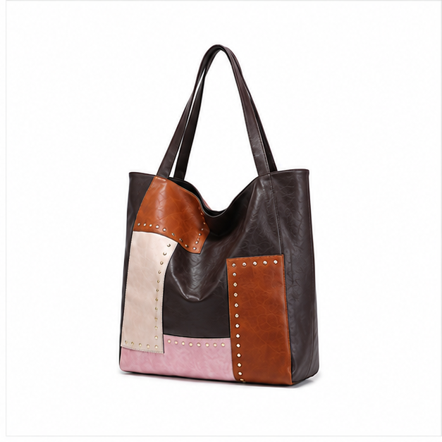 Patchwork Studded Leather Shoulder Tote Bag
