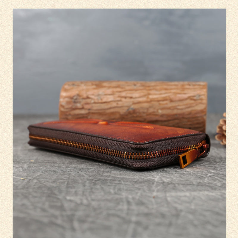 [Leather Floral Clutch Bag] Vintage Leather Wristband Purse - Embossed Floral Pattern Zippered Clutch Bag with Coin Purse and Polyester Lining