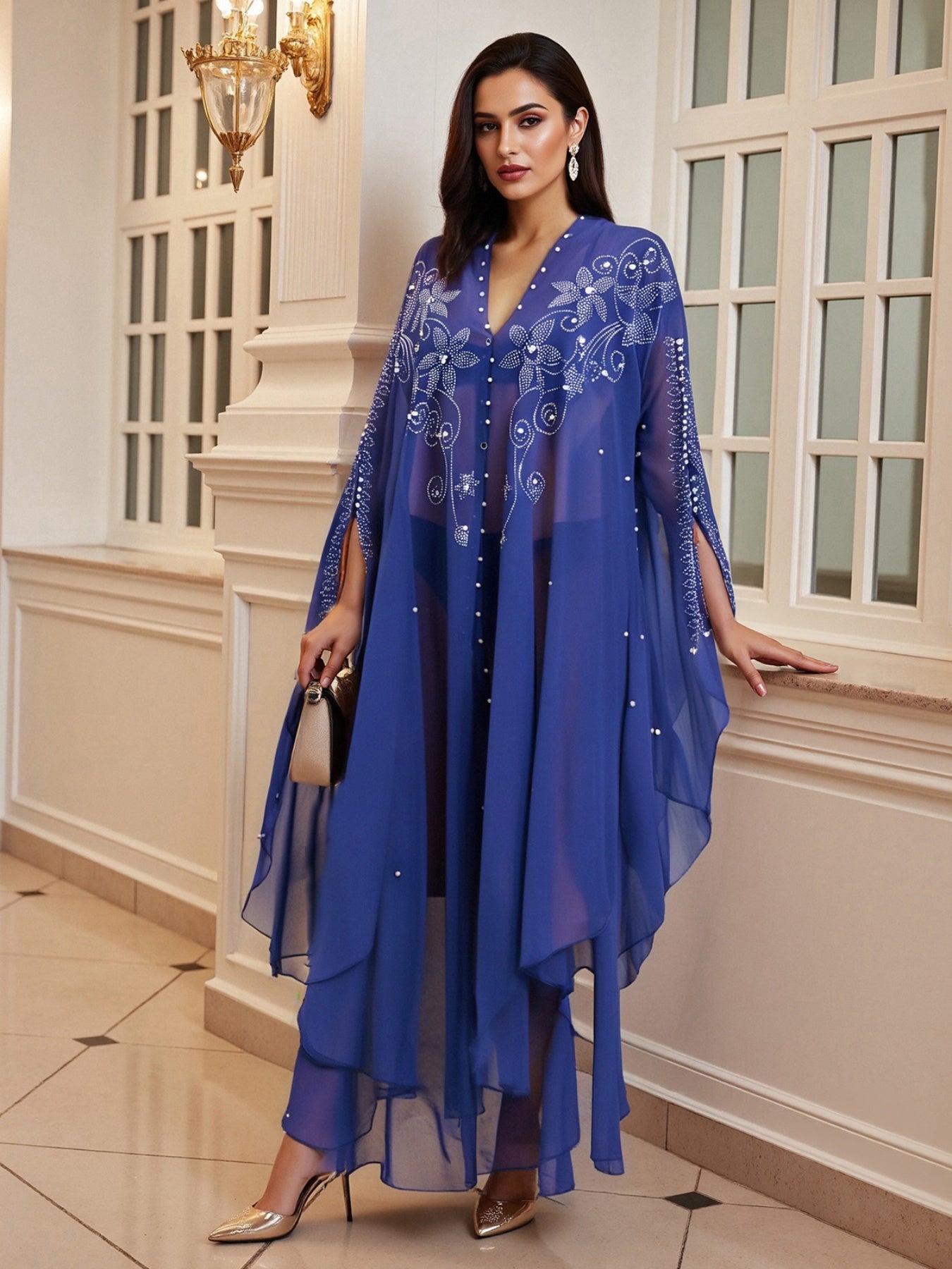 Women's Autumn Long Kaftan Dress Long Bat Sleeve Hooded Rhinestone Cape Arab Abaya Dress
