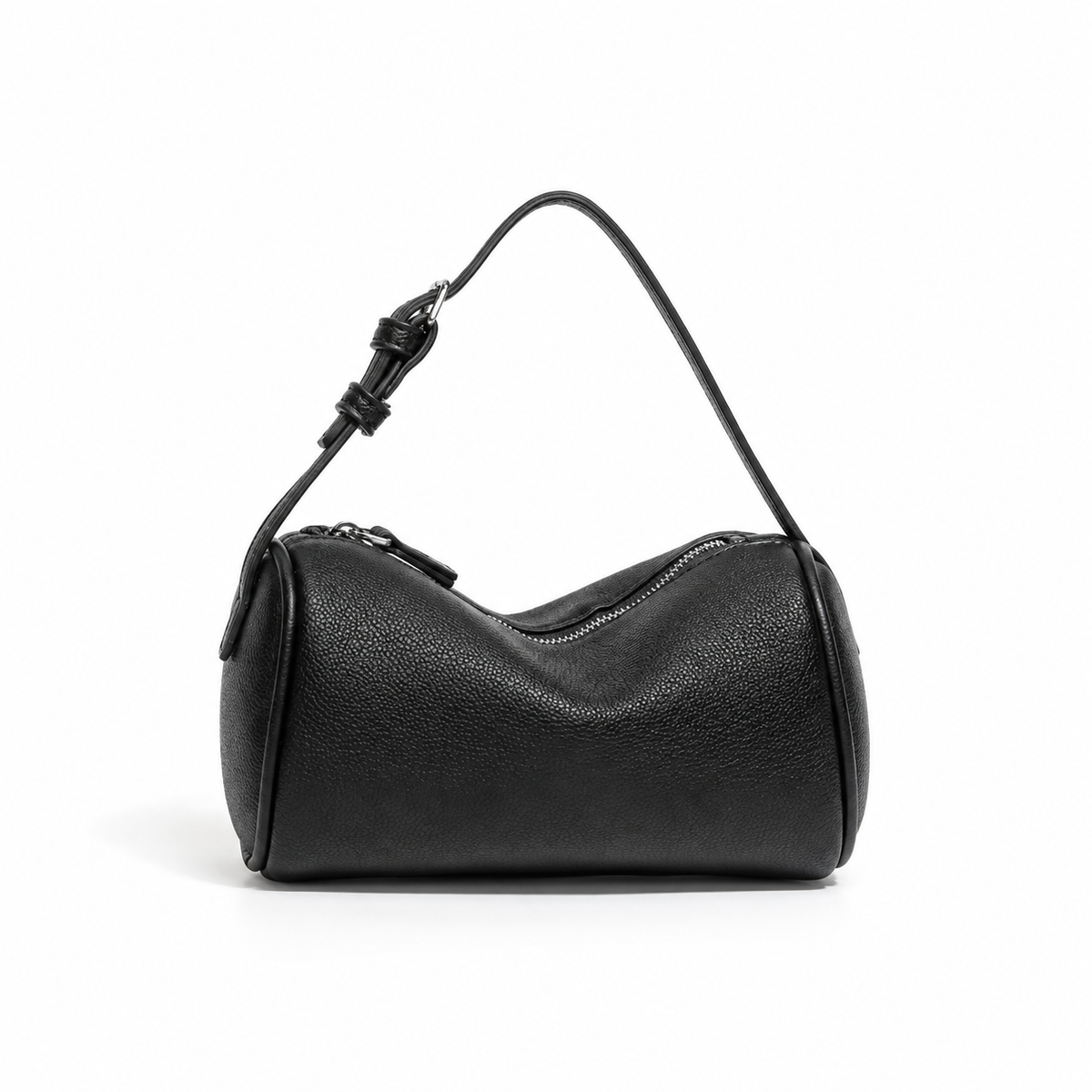 Black Pebbled Leather Barrel Shoulder Bag