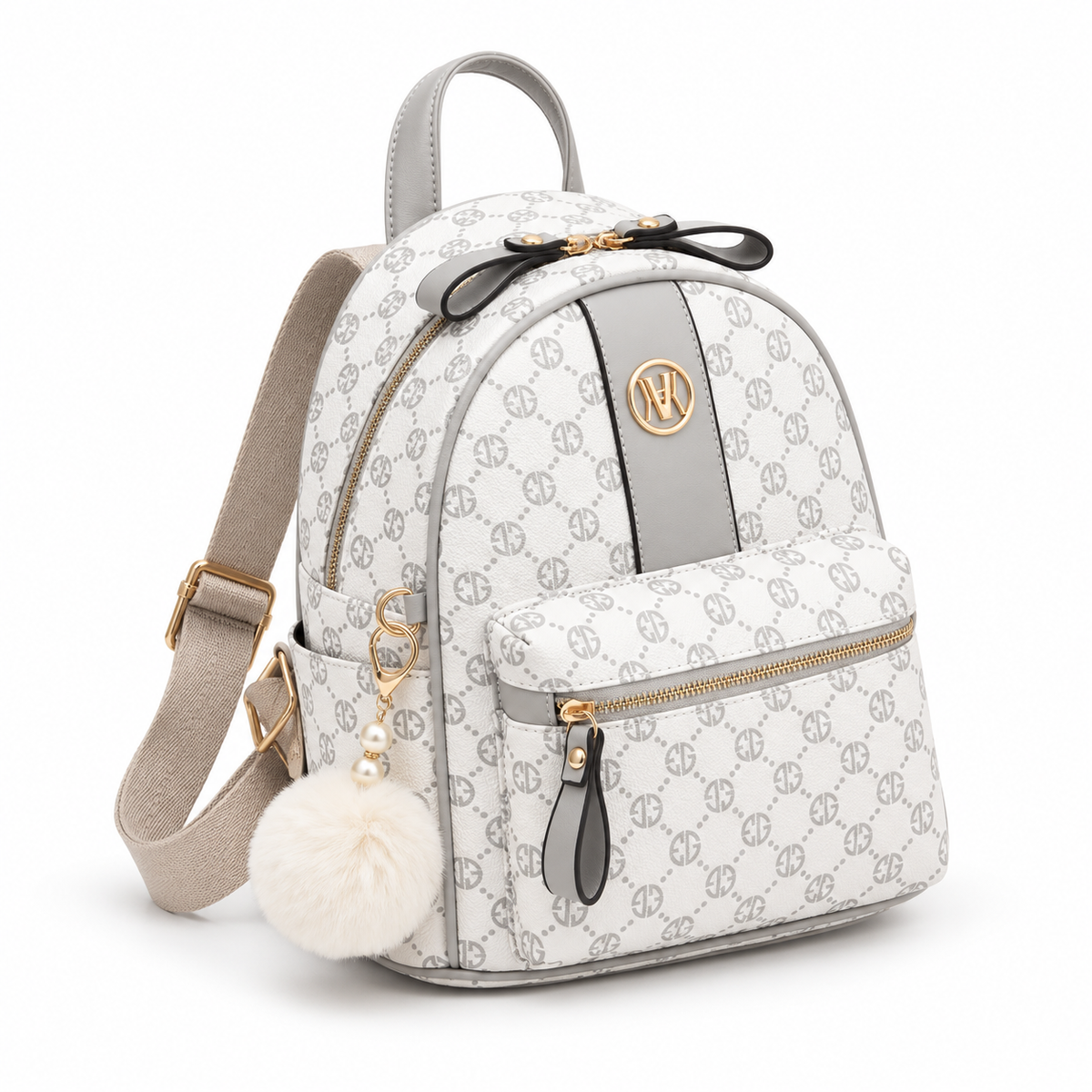 Elegant White Monogram Backpack With PomPom