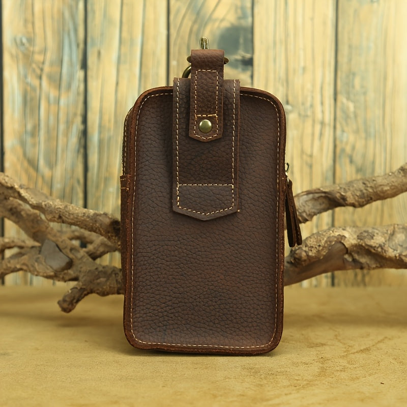 Men's Vintage Crazy Horse Top-Grain Vintage Leather Waist Bag, Casual Style, Multi-Functional Fanny Pack for Daily Commute, No Print, Durable Belt Hanging Pouch for Mobile Phone