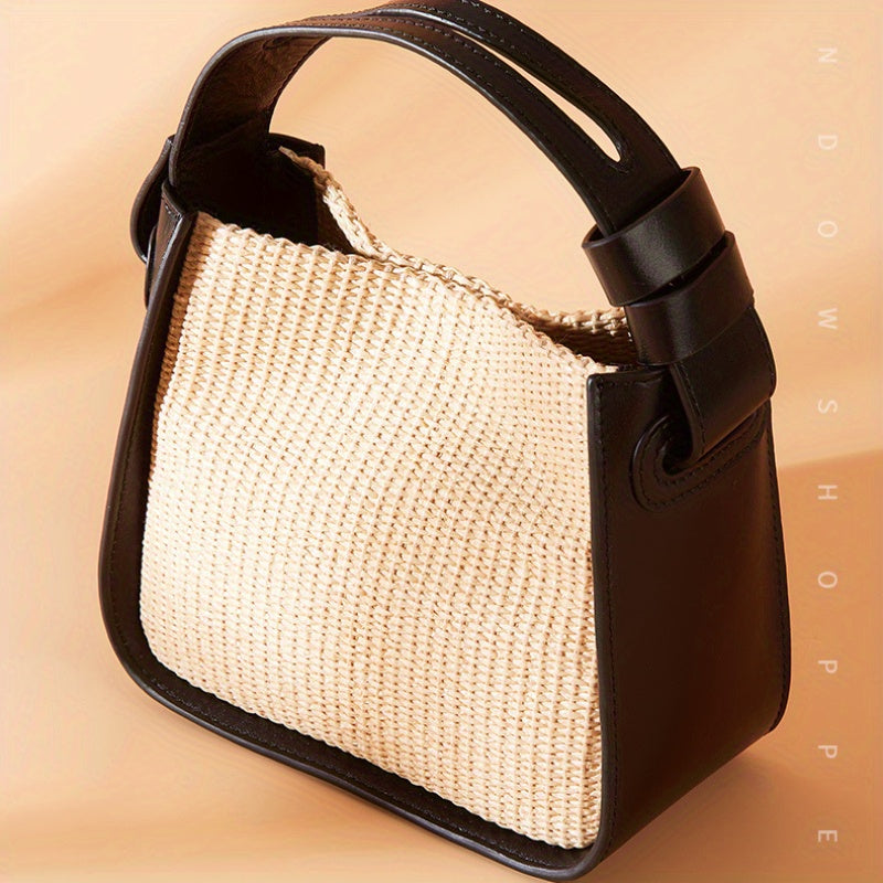 Light Luxury Woven Bag | Spliced Leather Women's Handbag with All Senior Sense Small Square Bag Crossbody Straw Bag