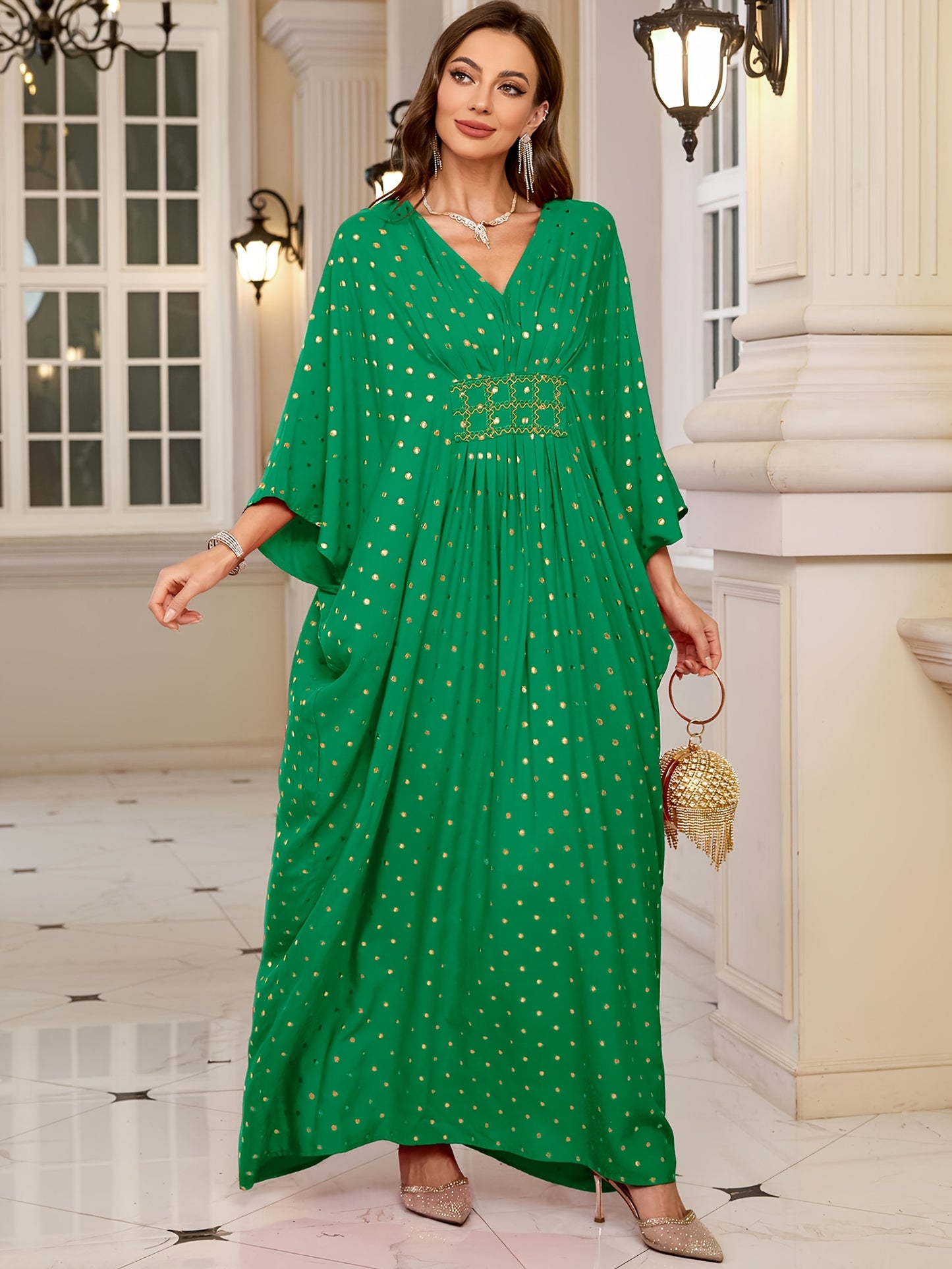 EDOLYNSA V-Neck Elegant Green Waist-Cinched Side-Draped Polka Dot Long Batwing Sleeve Dress, Middle Eastern Fashion Loose Cover-Up Kaftan Robe Q1804