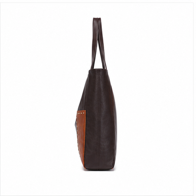 Patchwork Studded Leather Shoulder Tote Bag