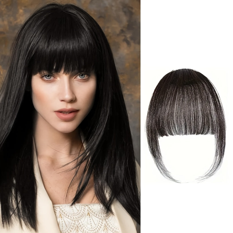 1pc Women'S Natural Brown Human Hair Clip-In Bangs Wig - Soft Wavy with Straight Ends, Secure Clip-In Design, Natural Hairline & Easy Wear
