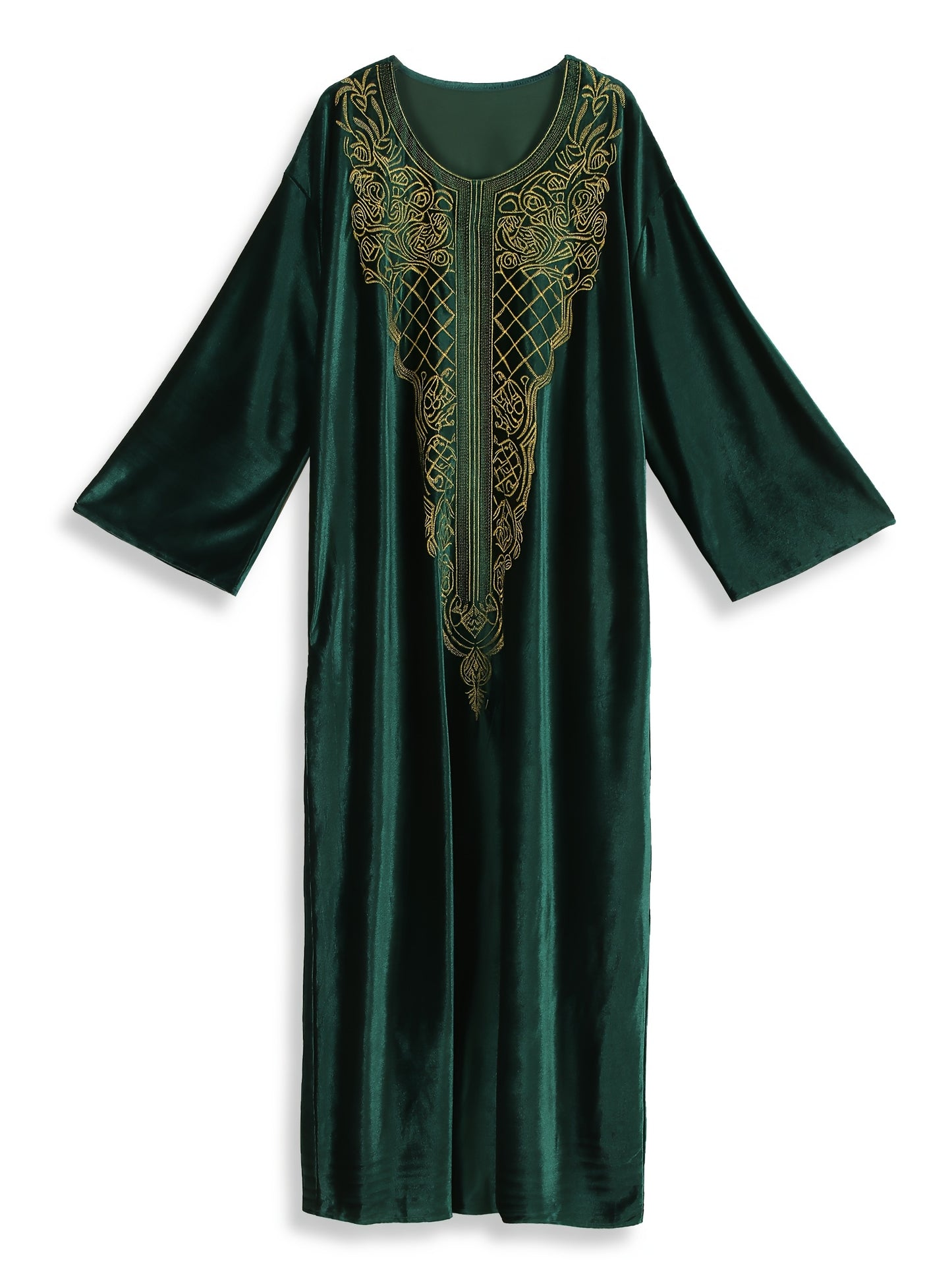 EDOLYNSA round neck embroidery long elegant dark green long sleeve side pocket ethnic dress Turkish robe Middle Eastern fashion casual vacation large size Kaftan blouse