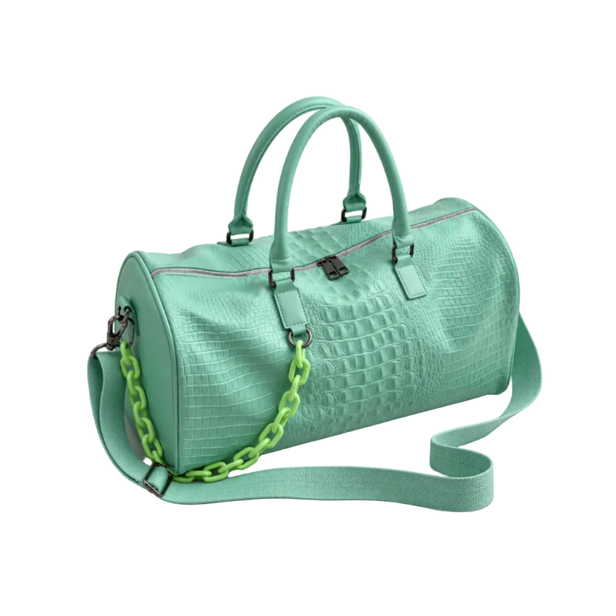 Mint Green Crocodile Embossed Leather Duffel