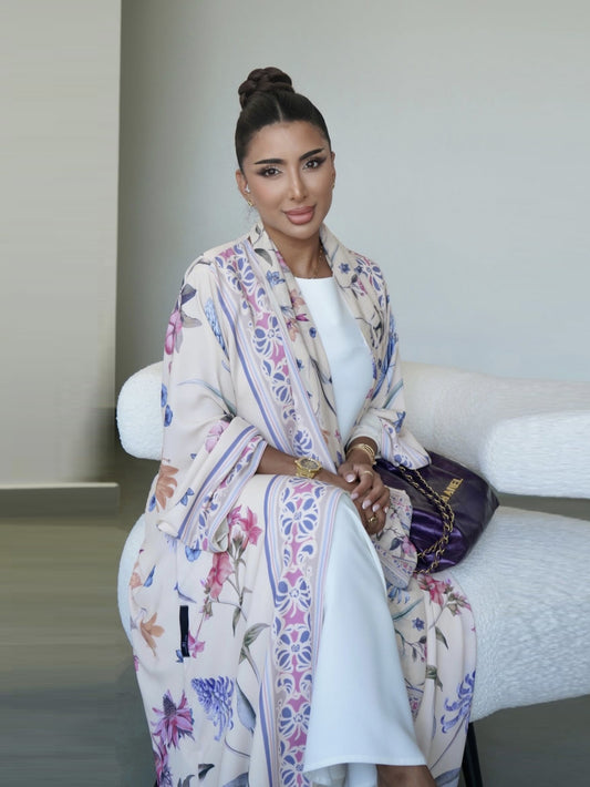 Elegant Open Abaya & Matching Headscarf Set - Floral Print, Long Sleeve, Loose Fit for Women - Ideal for Spring/Summer Outfits, Versatile Long Abaya|Floral Print Abaya|Traditional Abaya