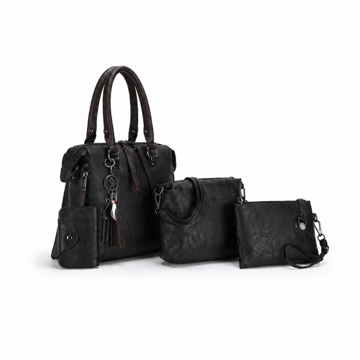 Premium Black Textured Leather Handbag Set