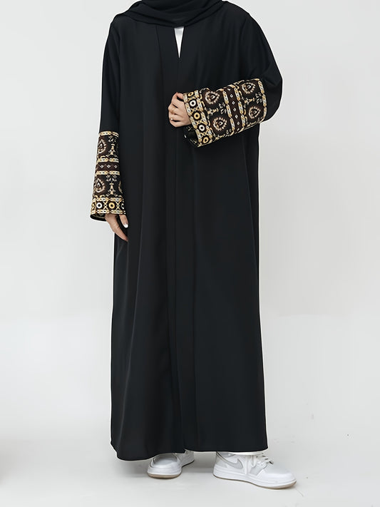 Embroidered Open Front Modest Abaya, Vintage Color Block Long Sleeve Maxi Outwear, Women's Clothing