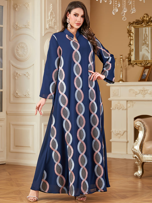 Elegant Navy Blue Embroidered Long Sleeve Maxi Modern Abaya - Stand Collar, A-Line Silhouette, Polyester, Machine Washable, All-Season Wear for Women