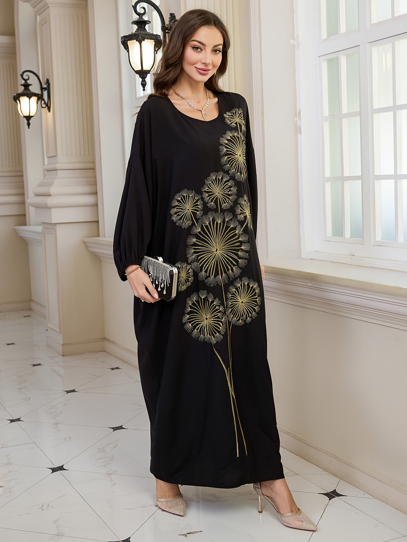Plus Size, Women's Elegant Dandelion Embroidered Beach Cover-Up Robe Dress - Long Sleeve Loose Fit, Plus Size Black with Golden Floral Print, Lantern Sleeves & Long Length for Vacation, Poolside, Casual Outings, Beach Dress