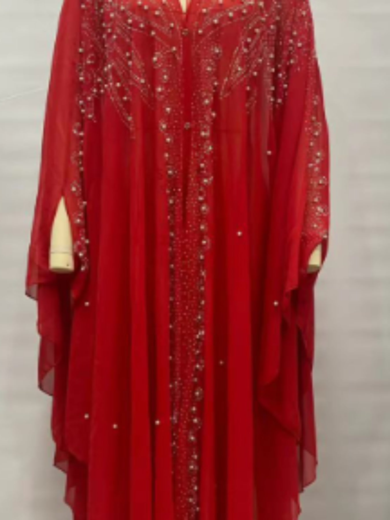 Women's Elegant Long Kaftan Dress with Bat Sleeves & Hooded Rhinestone Cape Abaya - Loose Fit Sheer Polyester Arab-Inspired Gown for All Seasons, Machine Washable