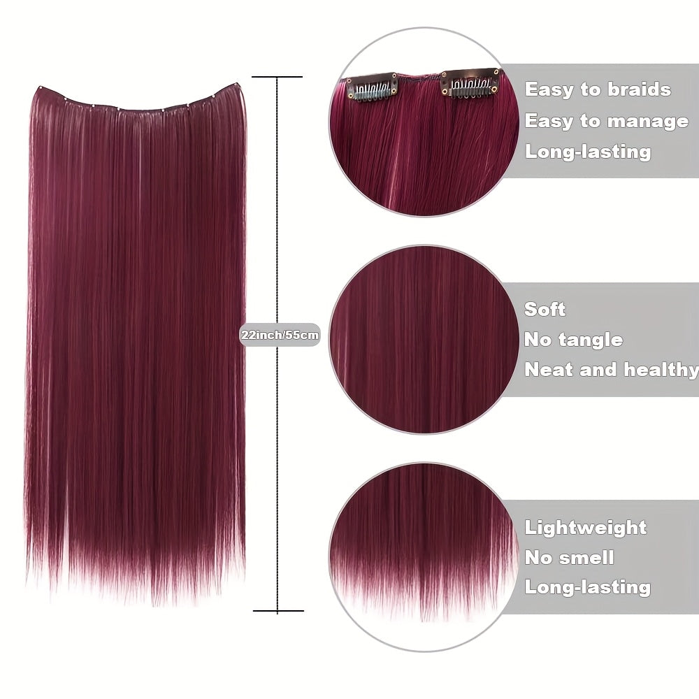 22Inch Long Straight Colorful Synthetic Hair Extensions - Invisible Clip-In, High Temperature Resistant, Easy to Wear for Women, Perfect for Parties & Holidays, Burgundy Hair Additions