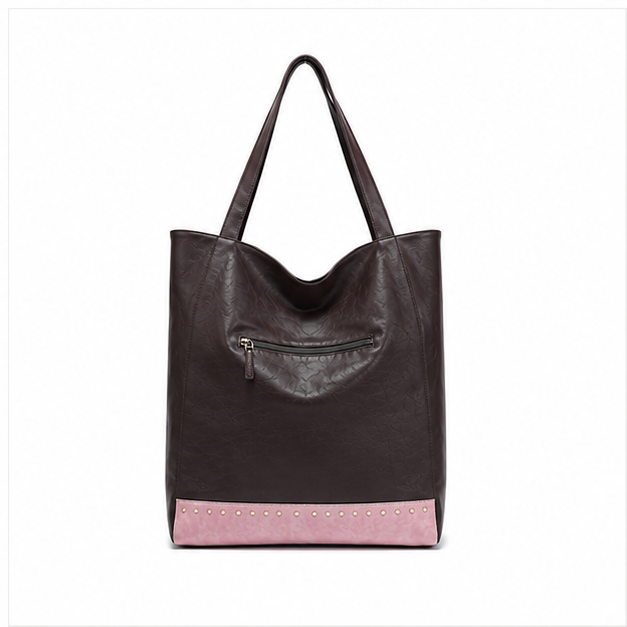 Patchwork Studded Leather Shoulder Tote Bag