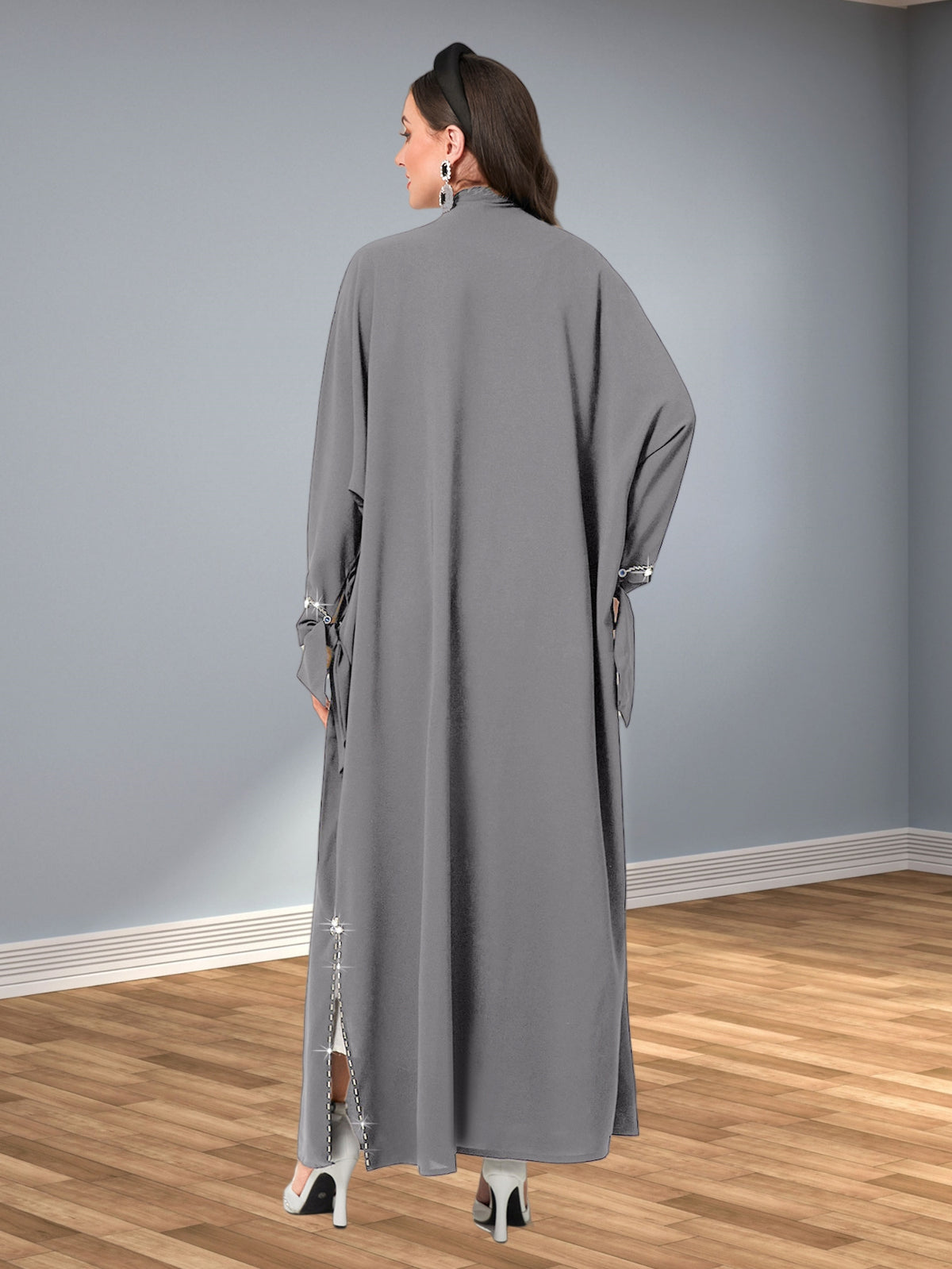 Hand-Sewn Rhinestone-Embellished Oversized Emirati Abaya - Middle Eastern-Inspired Elegance Collection, Solid Color Longline Cover-Up for Casual & Formal Wear, Hand Wash Only, Formal Coverup