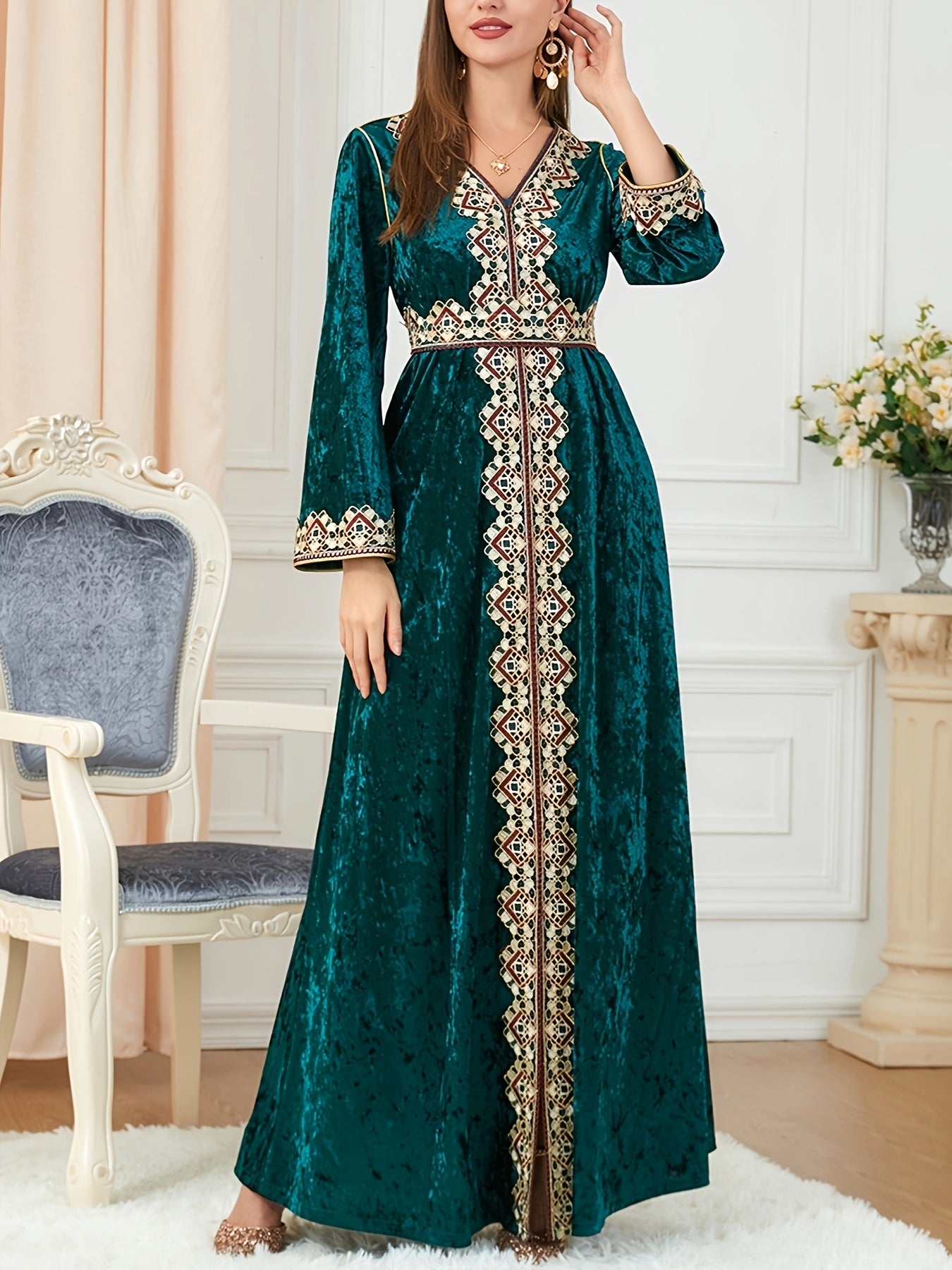 Women's Muslim Velvet Embroidered Abaya with Long Sleeves, V-Neck Moroccan Party Kaftan, Turkish Arabic Maxi Dress.