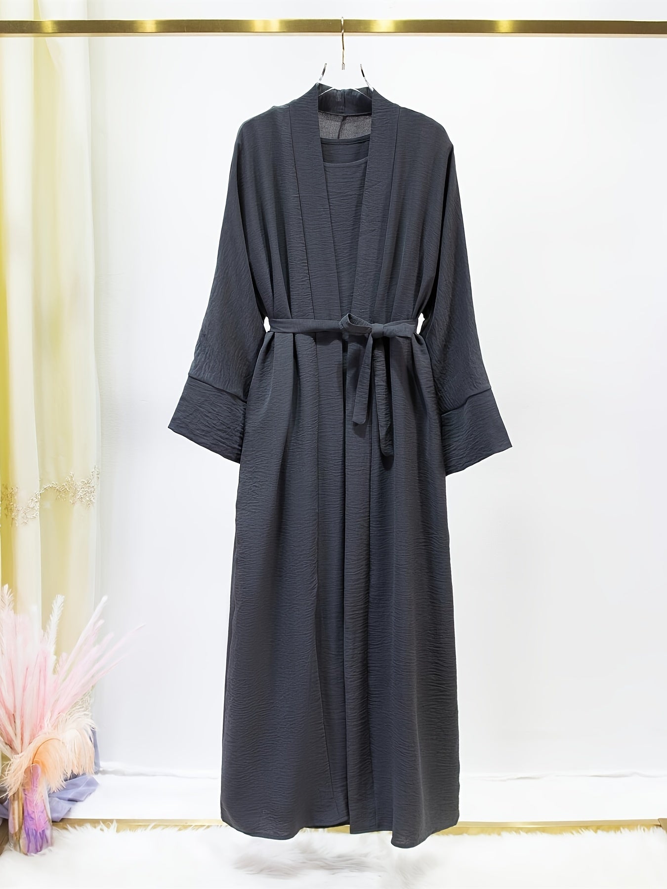 Ramadan Solid Color Modest Pakistani Abaya Set, Casual Crew Neck Sleeveless Tank Dress & Open Front Long Sleeve Tie Cardigan Outfits, Women's Clothing