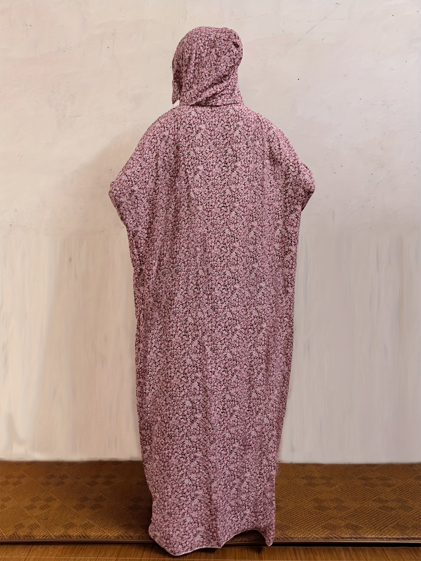 Women's Middle Eastern Eid Prayer Robe - Floral Print Loose-Fit Abaya with Lantern Sleeves & Drawstring Hood, Machine Washable H-Line Traditional Islamic Dress for Eid al-Adha & Daily Wear