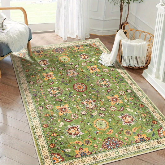 Vintage Floral Printed Non-Slip Mat - Polyester Flat Weave Indoor/Outdoor Mat for Living Room, Bedroom, Patio