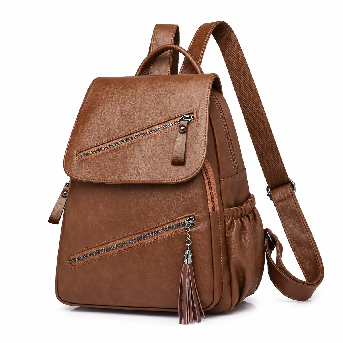 Brown Textured Backpack With Tassel Detail