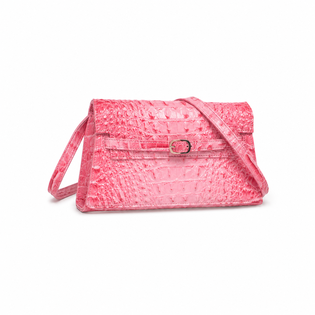 Pink Crocodile Embossed Leather Shoulder Bag