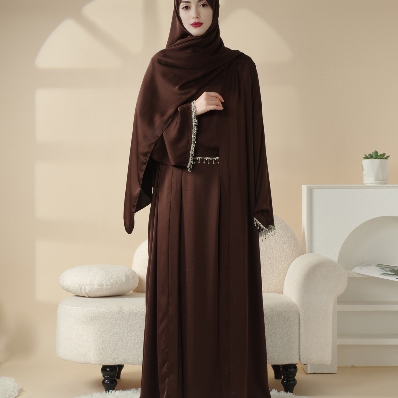 4pcs Satin Diamond Tassel Emirati Abaya Set Eid Al Adha, Abaya Muslim Women's Ramadan Iftar Eid Al Adha Iftar Holy Commemoration Prayer Garment Long Robe Gown Global Spring Summer