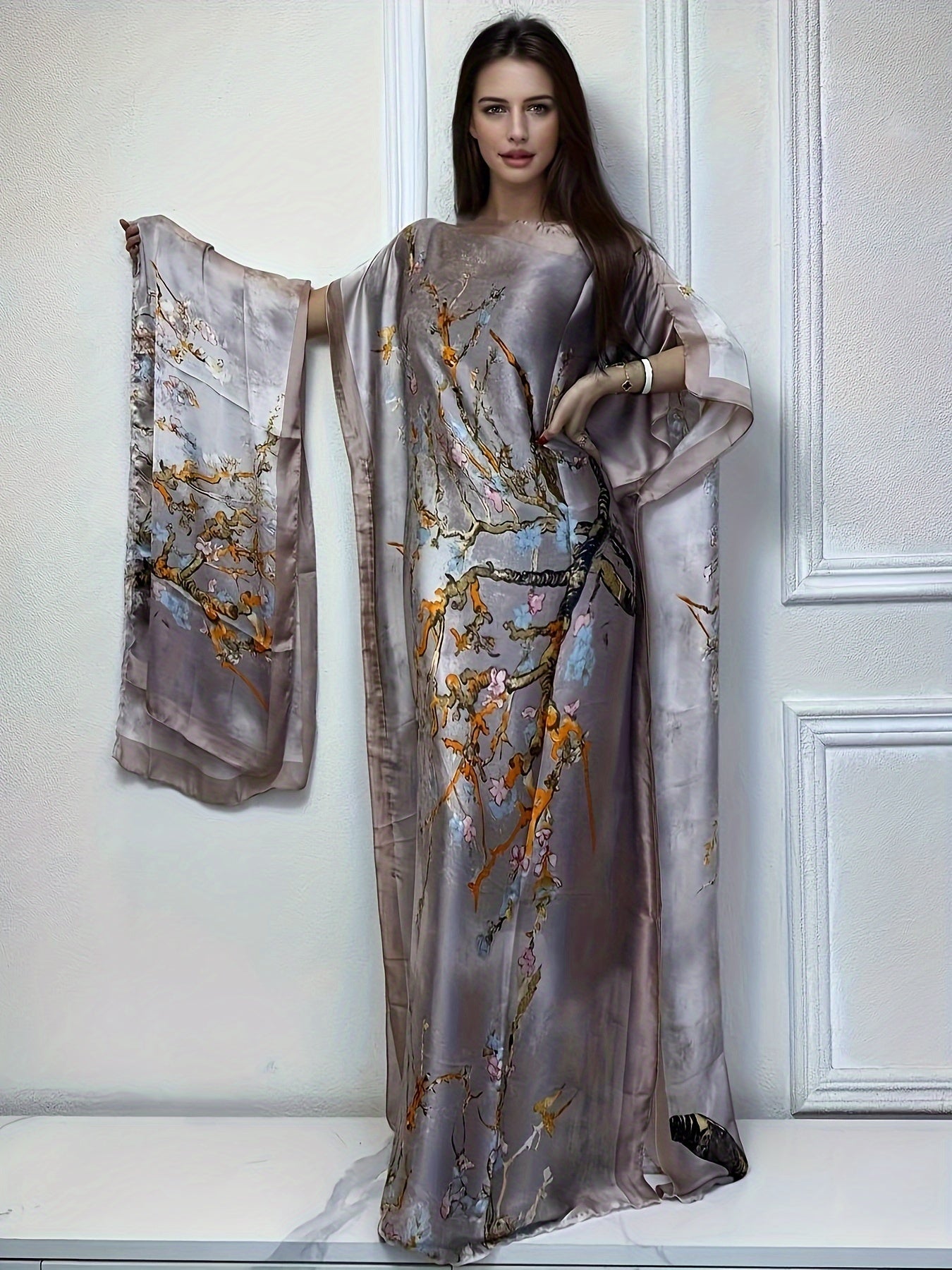 Tree Print Crew Neck Kaftan Abaya, Elegant Batwing Sleeve Loose Fit Maxi Dress With A Hijab, Women's Clothing