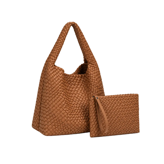 Caramel Woven Hobo Bag With Pouch