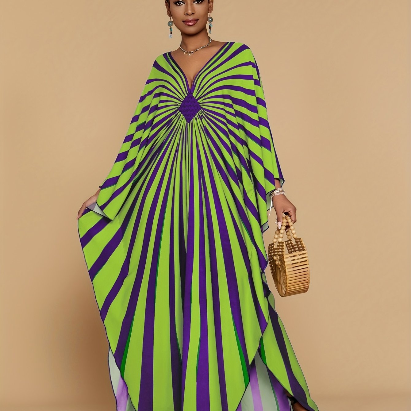 Plus Size - Bohemian Stripe Print Kaftan Dress for Women - V-Neck, Half Sleeve, Long Length, Lightweight Polyester, Perfect for Beach Coverup & Casual Vacation, Plus Size, Spring/Summer/Fall Wear, Beach Dress