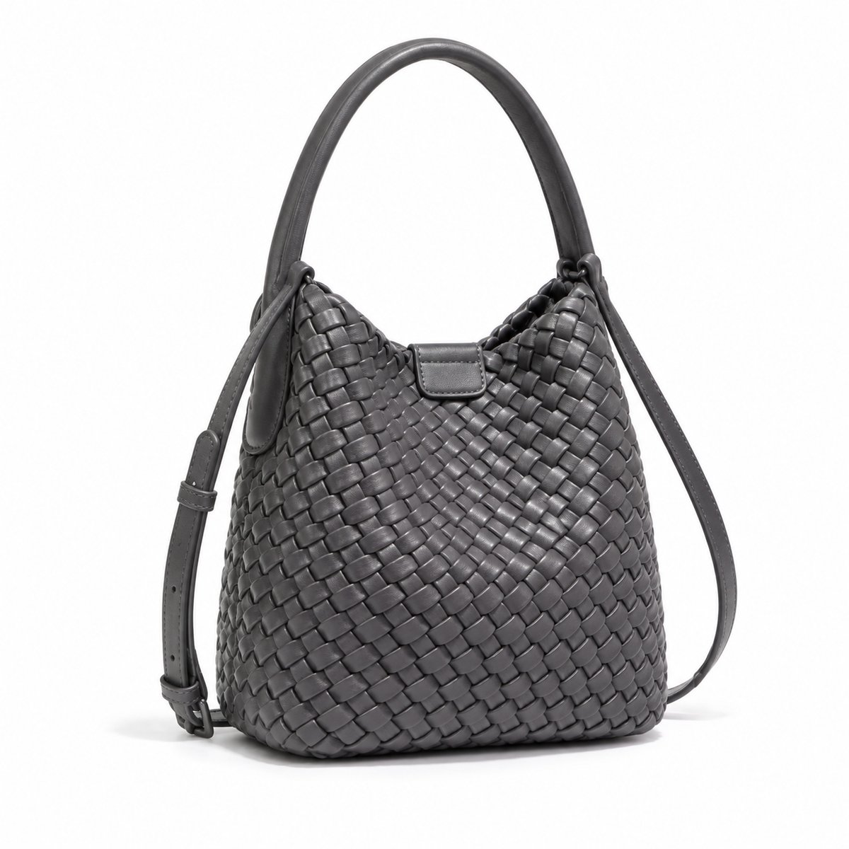 Elegant Grey Woven Bucket Shoulder Bag