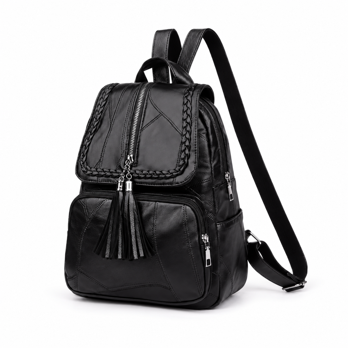 Black Braided Trim Tassel Fashion Backpack