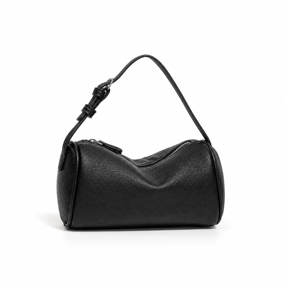 Black Pebbled Leather Barrel Shoulder Bag
