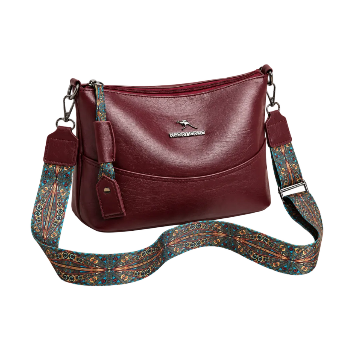 Burgundy Crossbody Bag With Patterned Strap