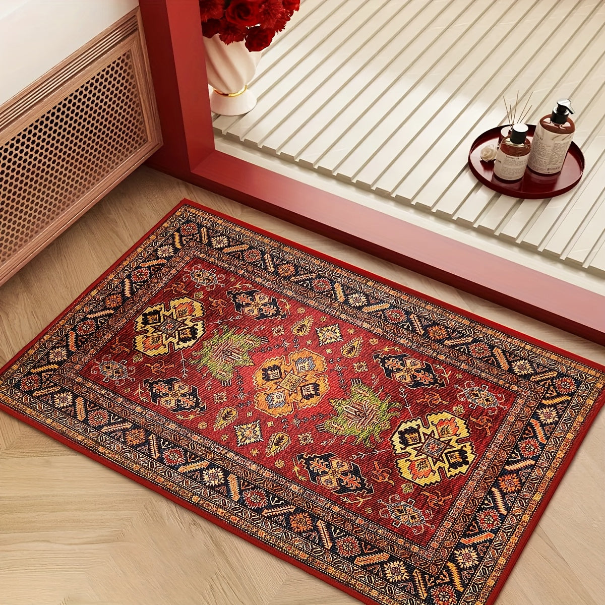 Vintage Boho Floor Mat - Retro Floral & Geometric Design, Non-Slip Rubber Backing Carpet, Rugs, Machine Washable, Perfect for Entryway, Kitchen, Bathroom, or Balcony Decor - Ideal Gift for Easter, Mother's Day, Father's Day & Home Decorate