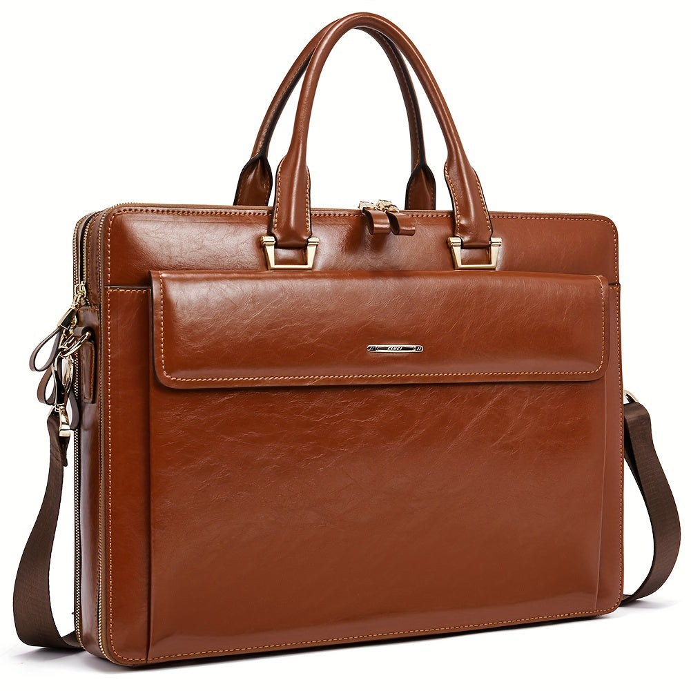 Premium Genuine Leather 15.6" Business Laptop Bag for Women - Light Brown, Adjustable Shoulder Strap