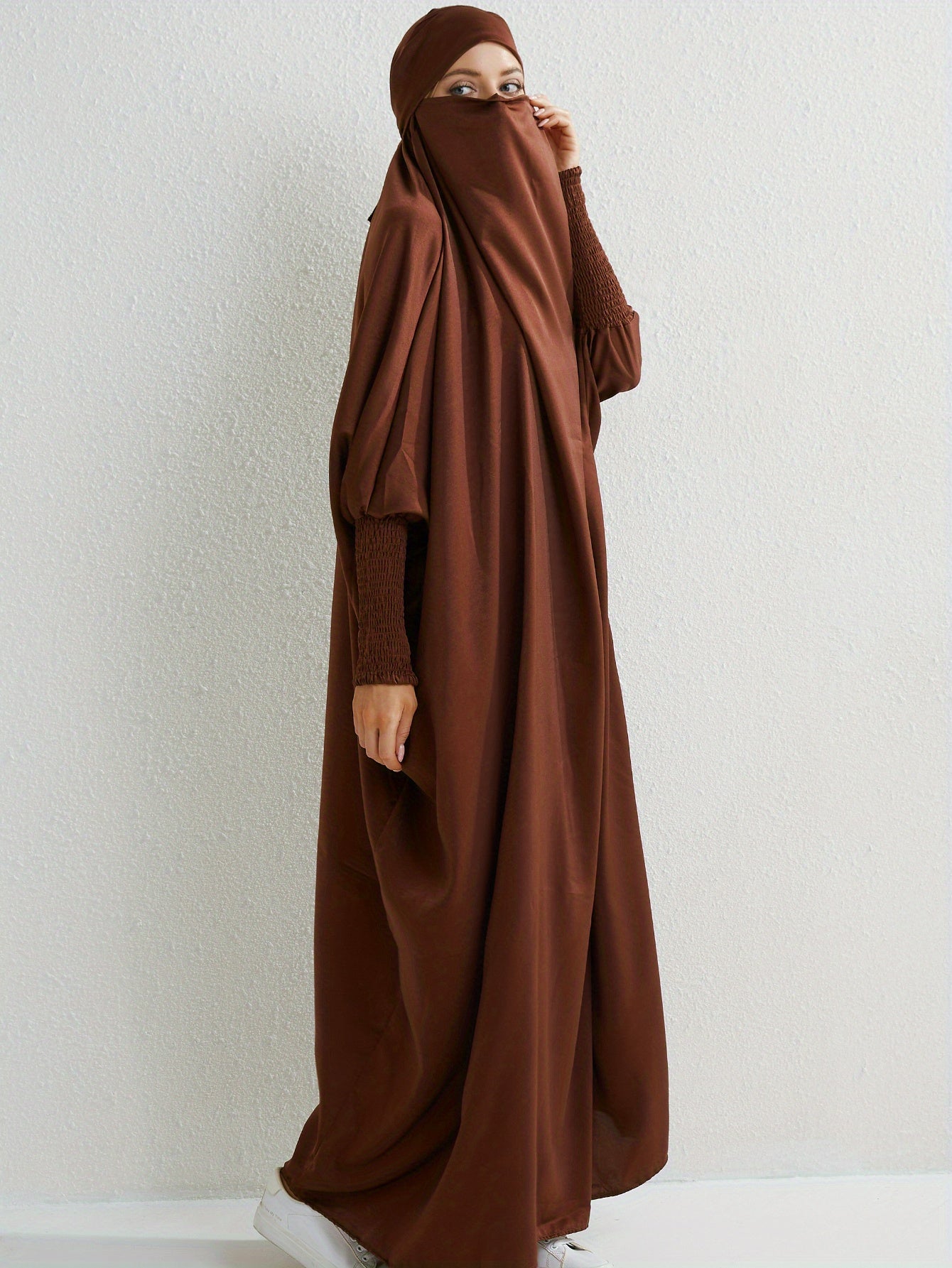Elegant Loose-Fit Abaya Robe with Built-In Headscarf - Modest Ramadan Prayer Dress, Long Sleeve Butterfly Cuff Traditional Middle Eastern Full-Length Cover Dress, Solid Color Machine Washable, Religious Attire, Allseason Wear
