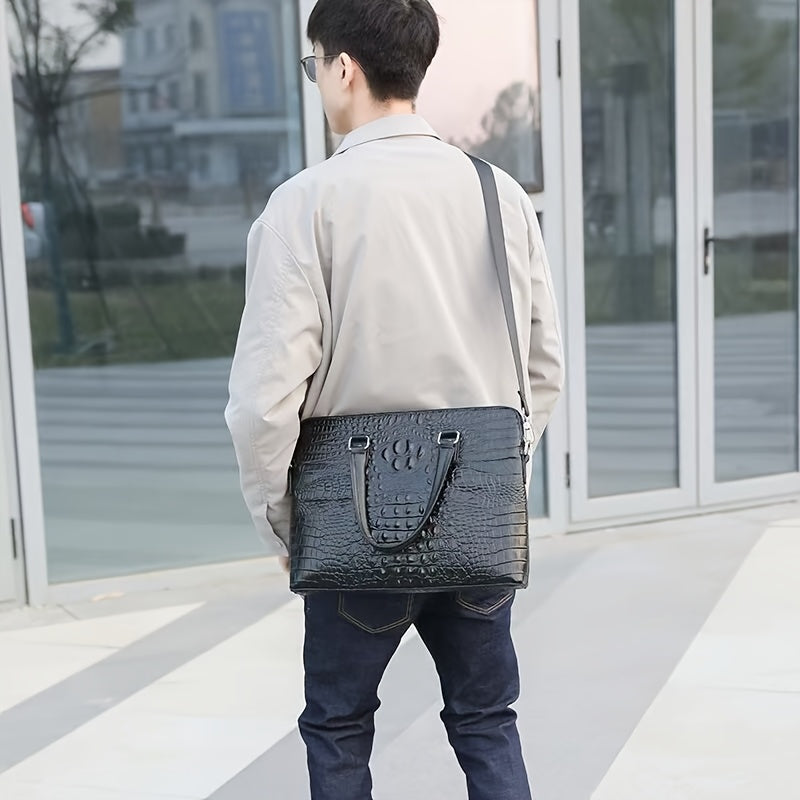 High-End Leather Laptop Bag for Men, Large Capacity, Two-Layer Leather Horizontal Business Bag.