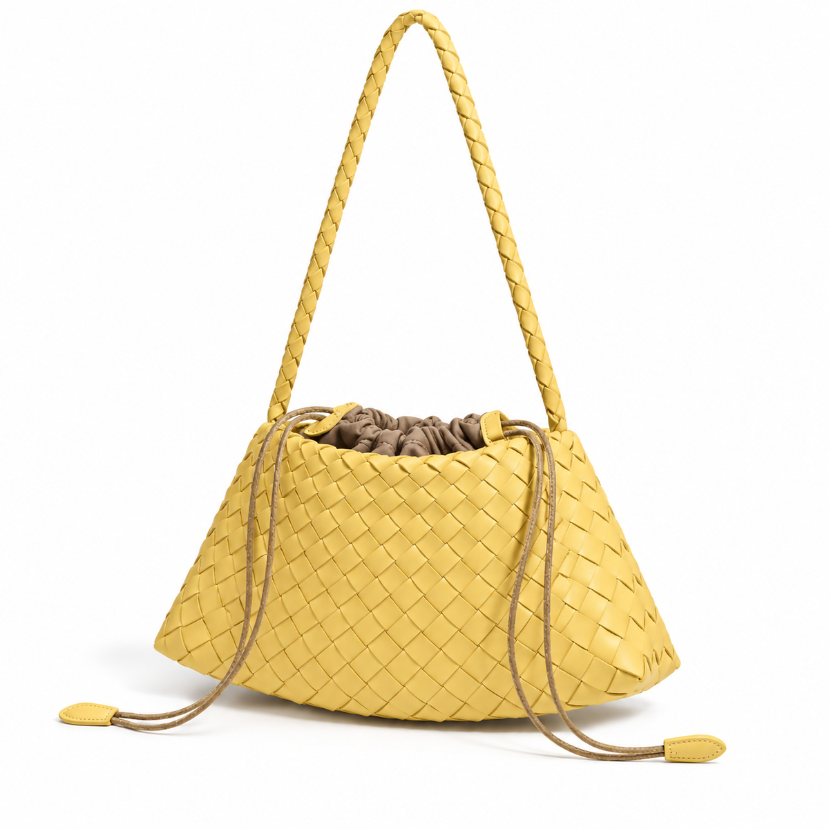 Yellow Woven Drawstring Braided Shoulder Bag
