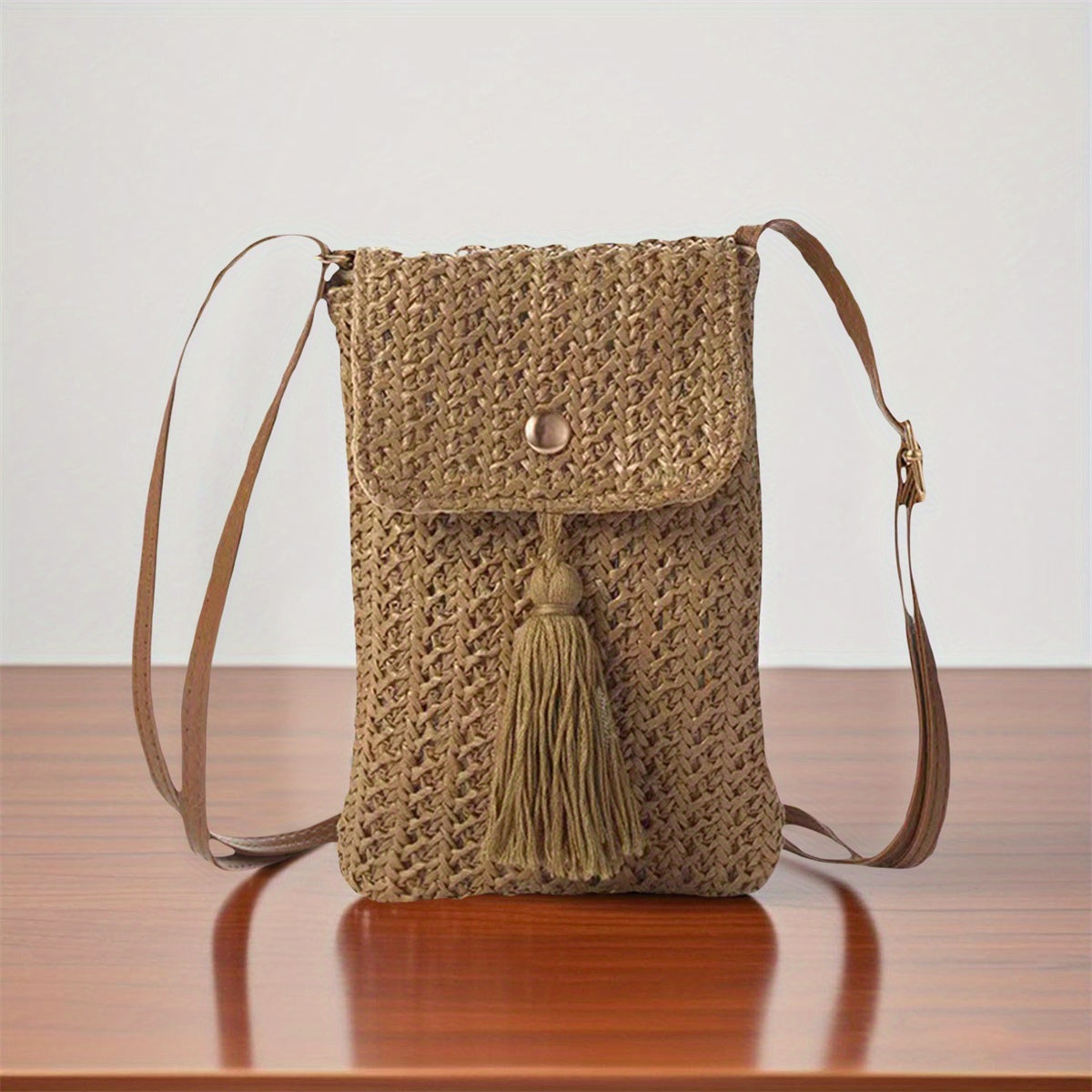 Women's Chic Beige Woven Crochet Crossbody Bag with Adjustable Strap, Tassel Detail & Magnetic Closure - Lightweight Fabric Phone Purse