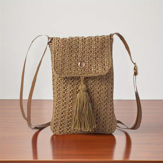 Women's Chic Beige Woven Crochet Crossbody Bag with Adjustable Strap, Tassel Detail & Magnetic Closure - Lightweight Fabric Phone Purse