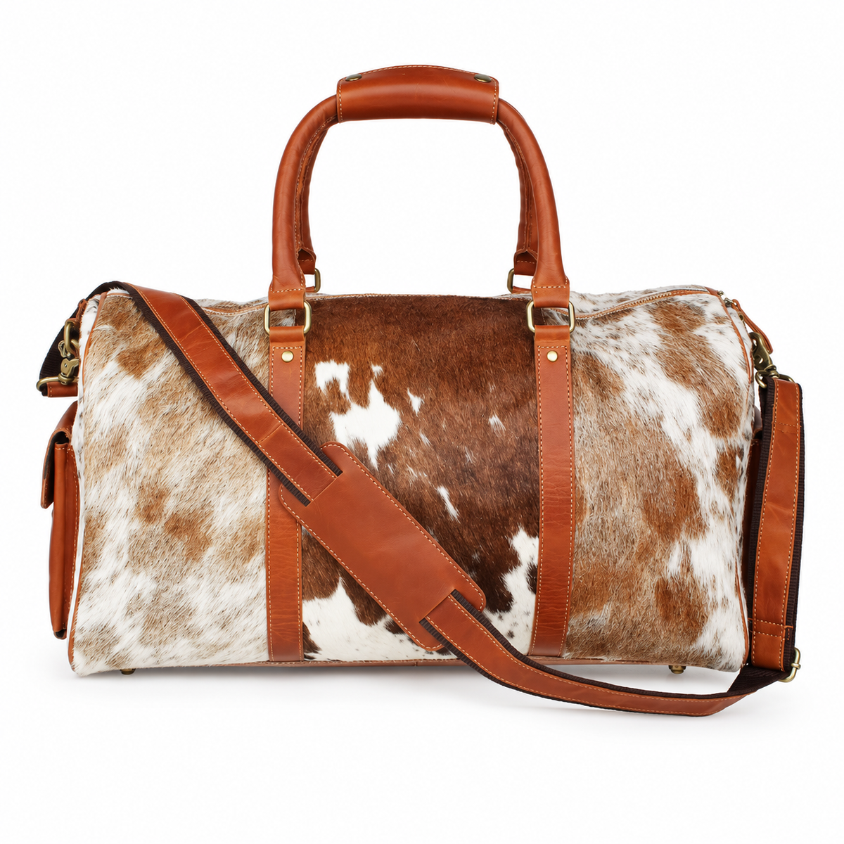 Brown White Cowhide Style Overnight Bag