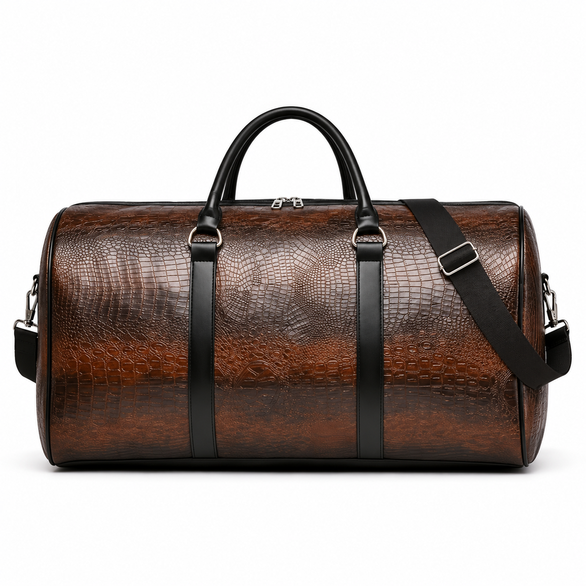 Brown Crocodile Embossed Overnight Duffel Bag