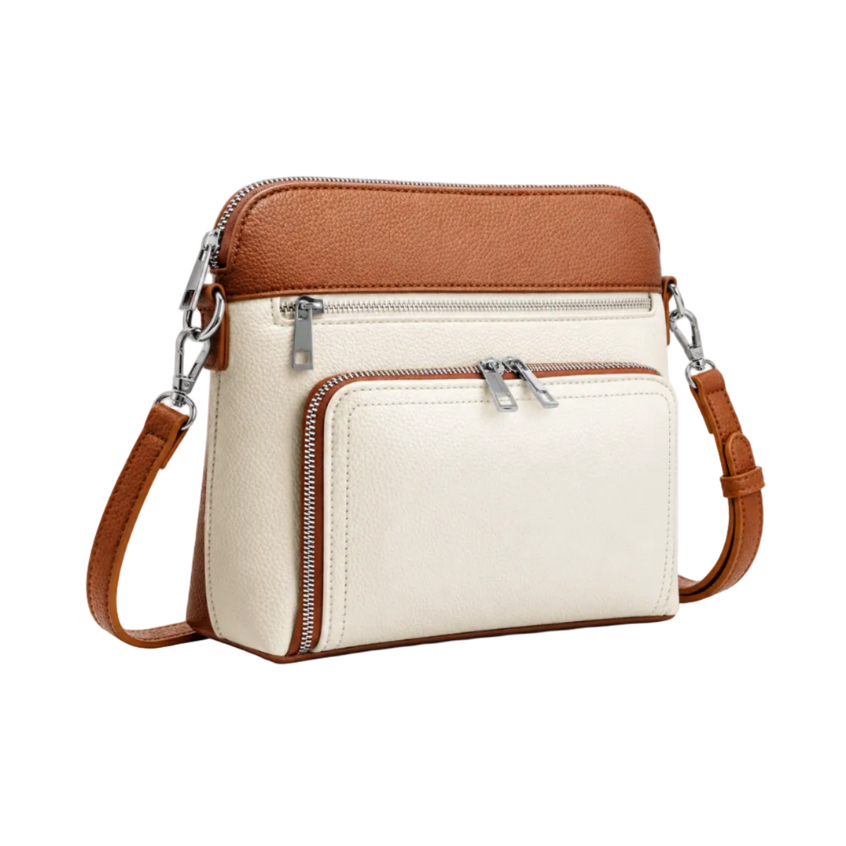 Cream And Brown Zippered Crossbody Bag