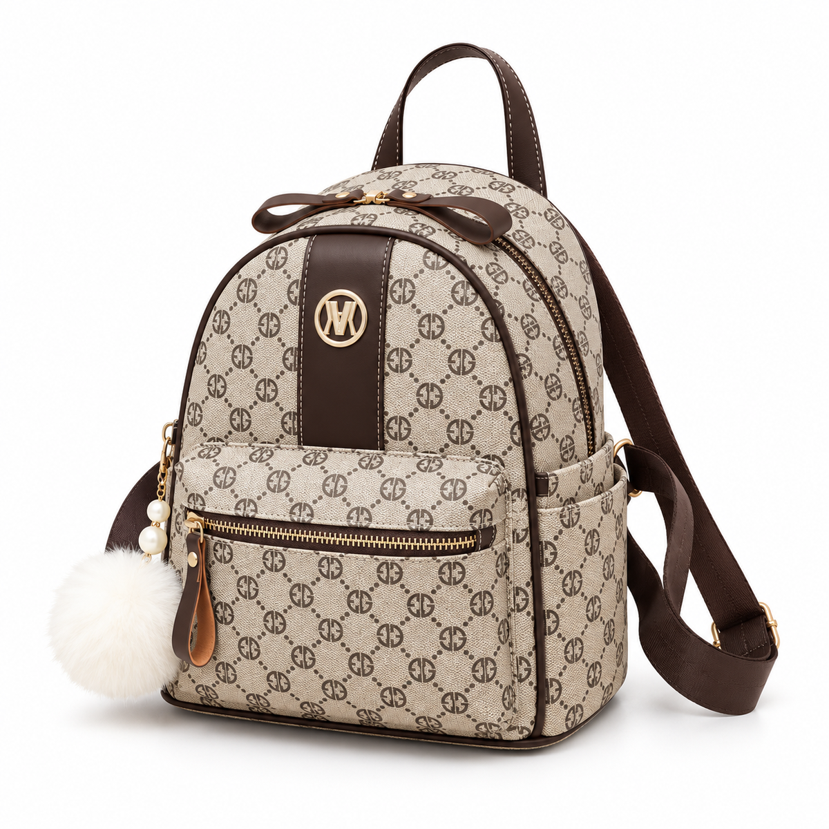 Elegant Monogram Backpack With PomPom Charm