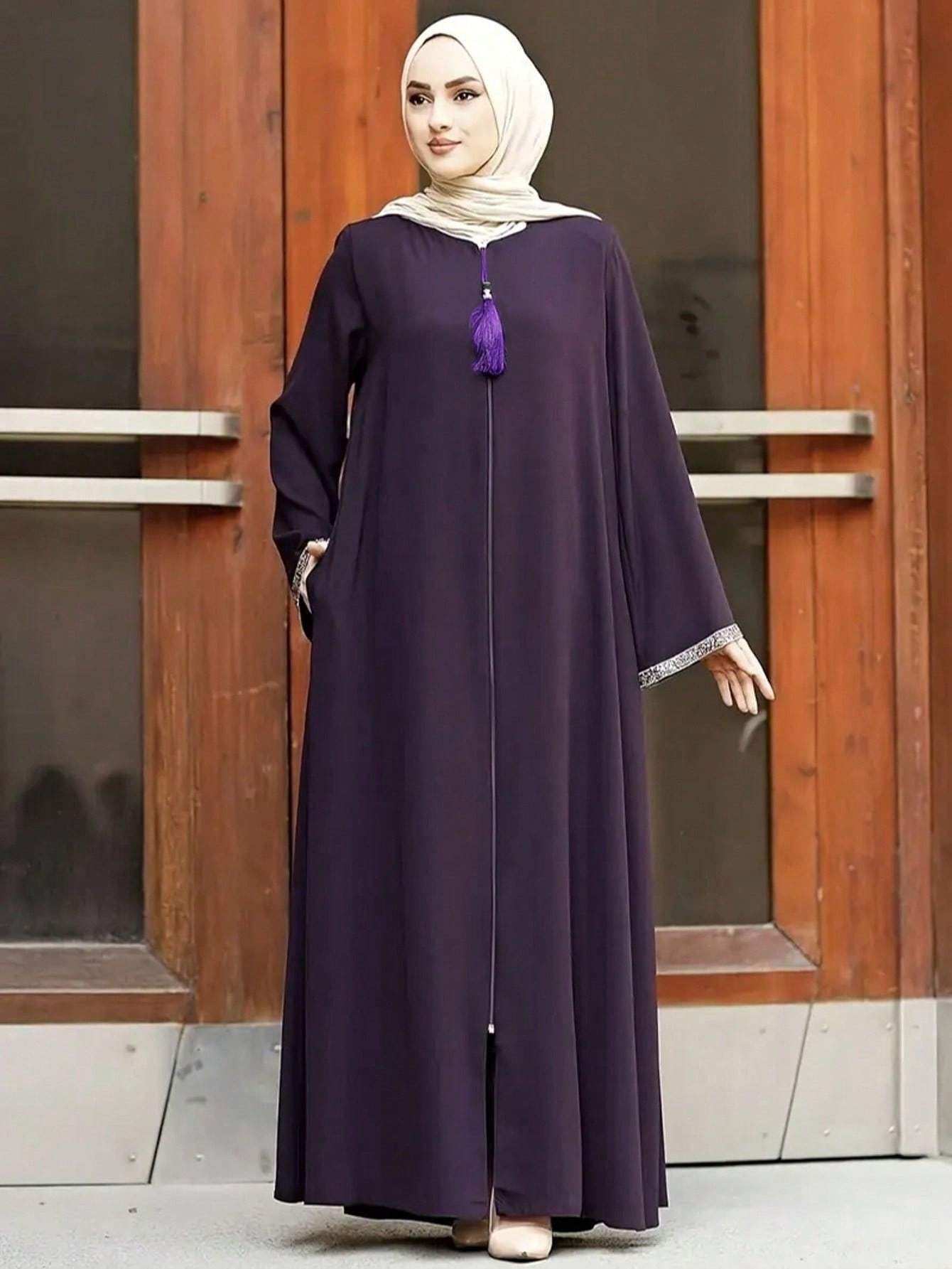 Women's Traditional Moroccan-Style Long Baju Abaya with Zipper Closure - Solid Color, Loose Fit, Round Neck, Polyester, Casual Wear, Casual Wear|Traditional Robe|Polyester Dress