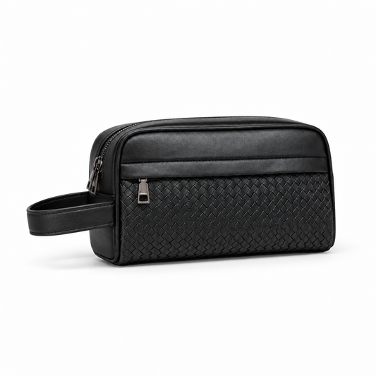 Black Woven Leather Toiletry Bag with Wrist Strap
