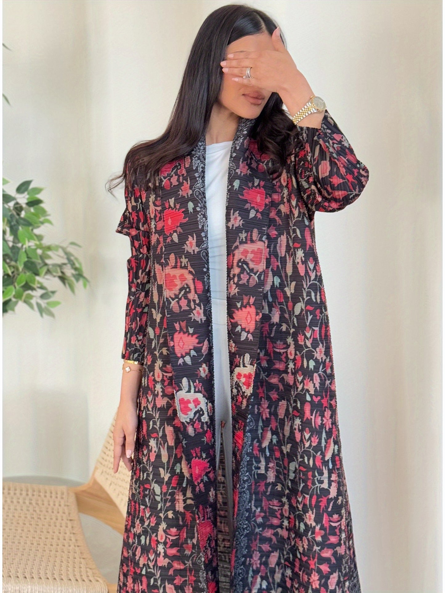 2025 Eid Al-Adha Ready - Stylish Black & Red Floral Print Abaya with Geometric Pattern, Long Sleeve Kaftan Dress for Women, Minimalist Belt Detail, Perfect for Hijabi Fashion