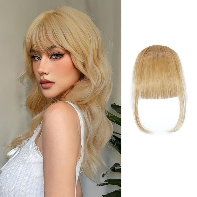 1pc Women'S Natural Brown Human Hair Clip-In Bangs Wig - Soft Wavy with Straight Ends, Secure Clip-In Design, Natural Hairline & Easy Wear